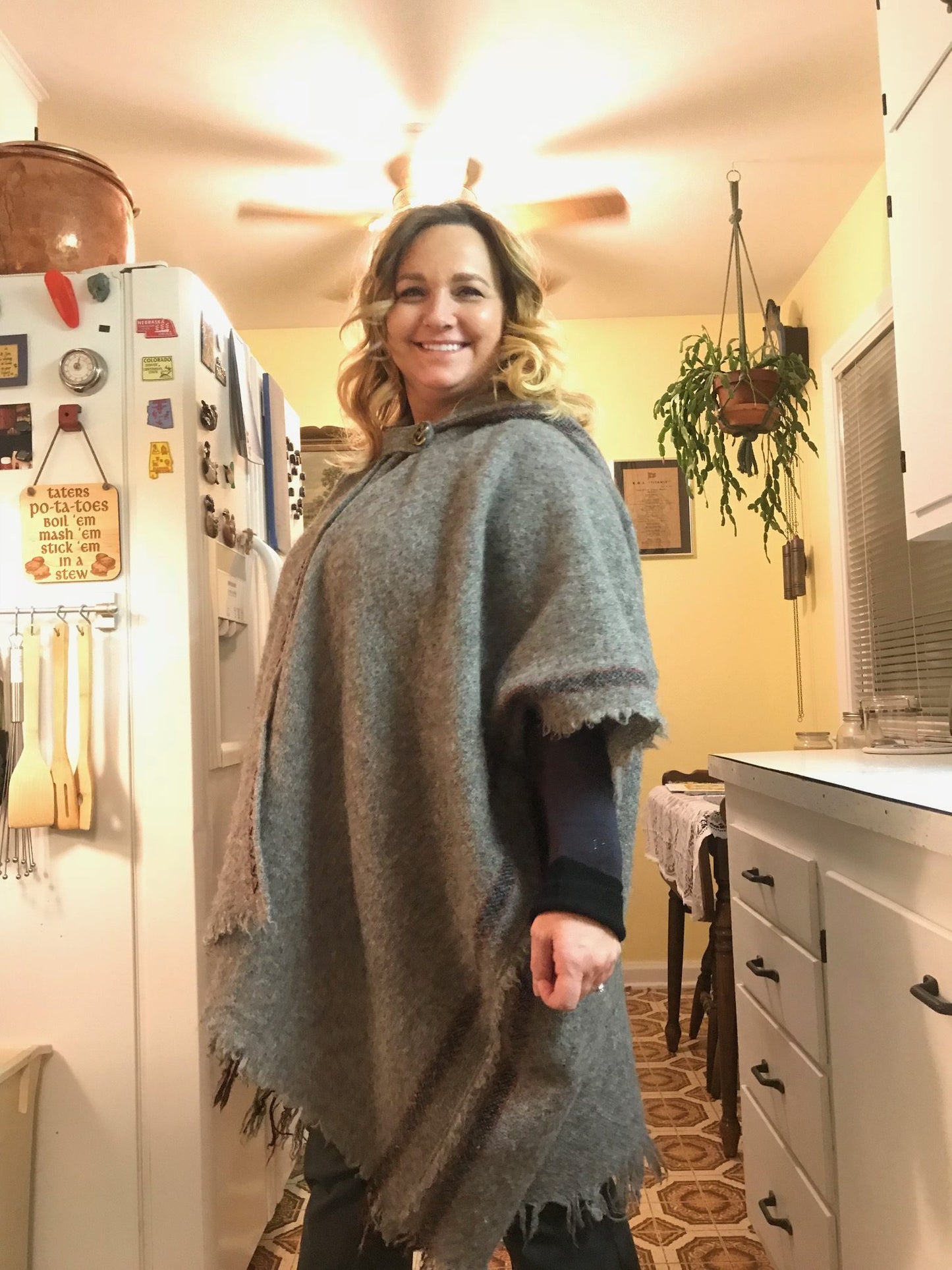 BW Ecru Check Poncho